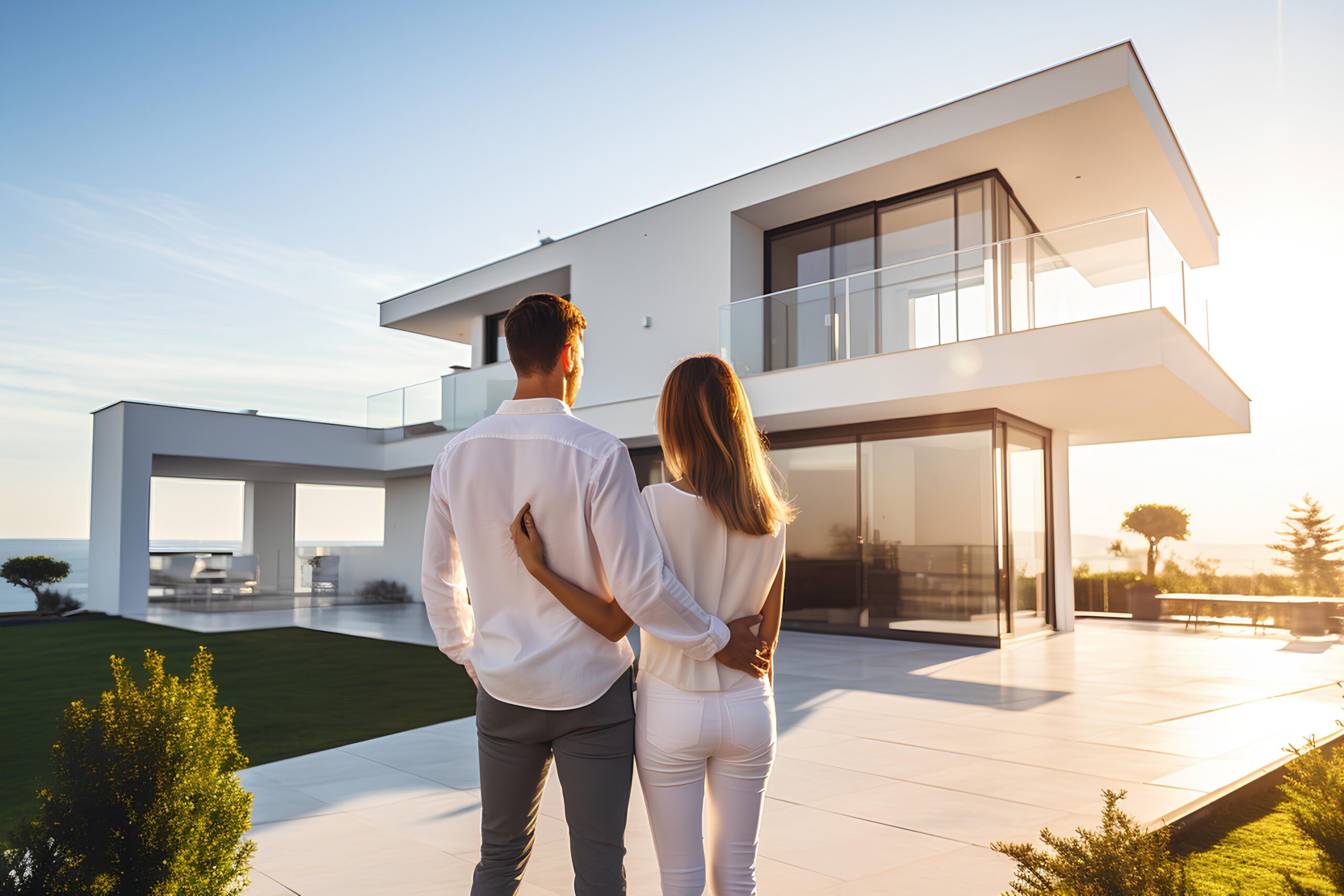 A married couple inspects their new home. A man and a woman embrace in front of a luxury villa. Concept: buying expensive real estate, investment, mortgage.